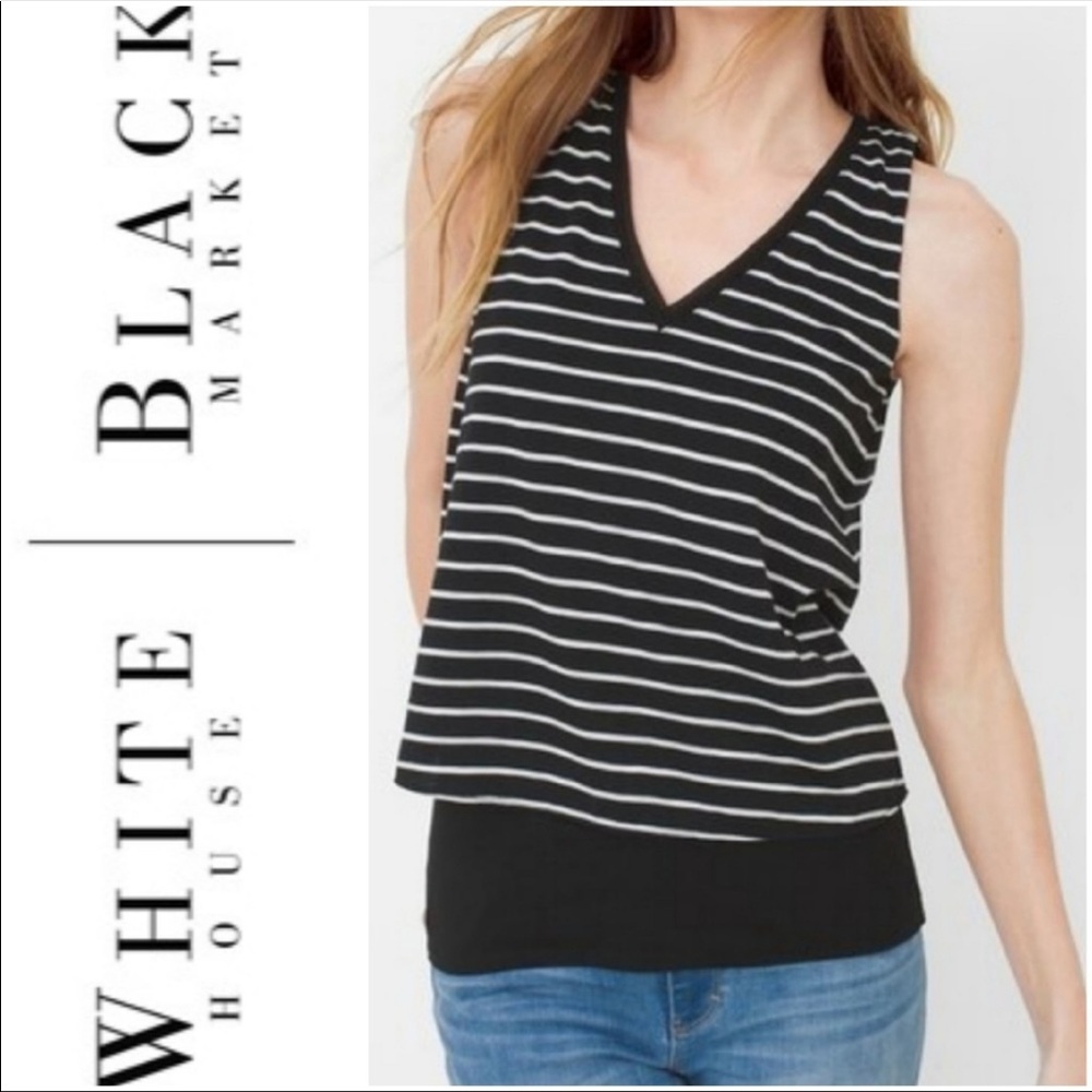๐ธ3/$25 WHBM V-neck Layered Black and White Striped High Lo Tank Top, Size S - Picture 2 of 15
